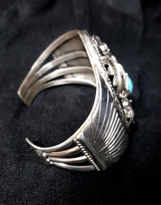 Sterling Silver Cuff Bracelet with Sleeping Beauty Turquoise and Italian Coral