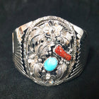 Sterling Silver Cuff Bracelet with Sleeping Beauty Turquoise and Italian Coral