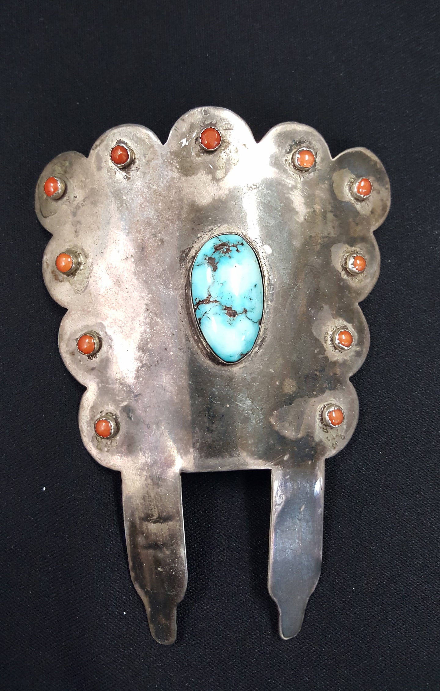 Vintage Hair Pin Turquoise and Red Coral Navajo 1940's