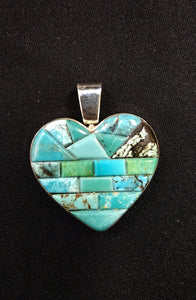 Unique Reversible Turquoise and Inlay Galaxy Heart Pendant-sterling silver