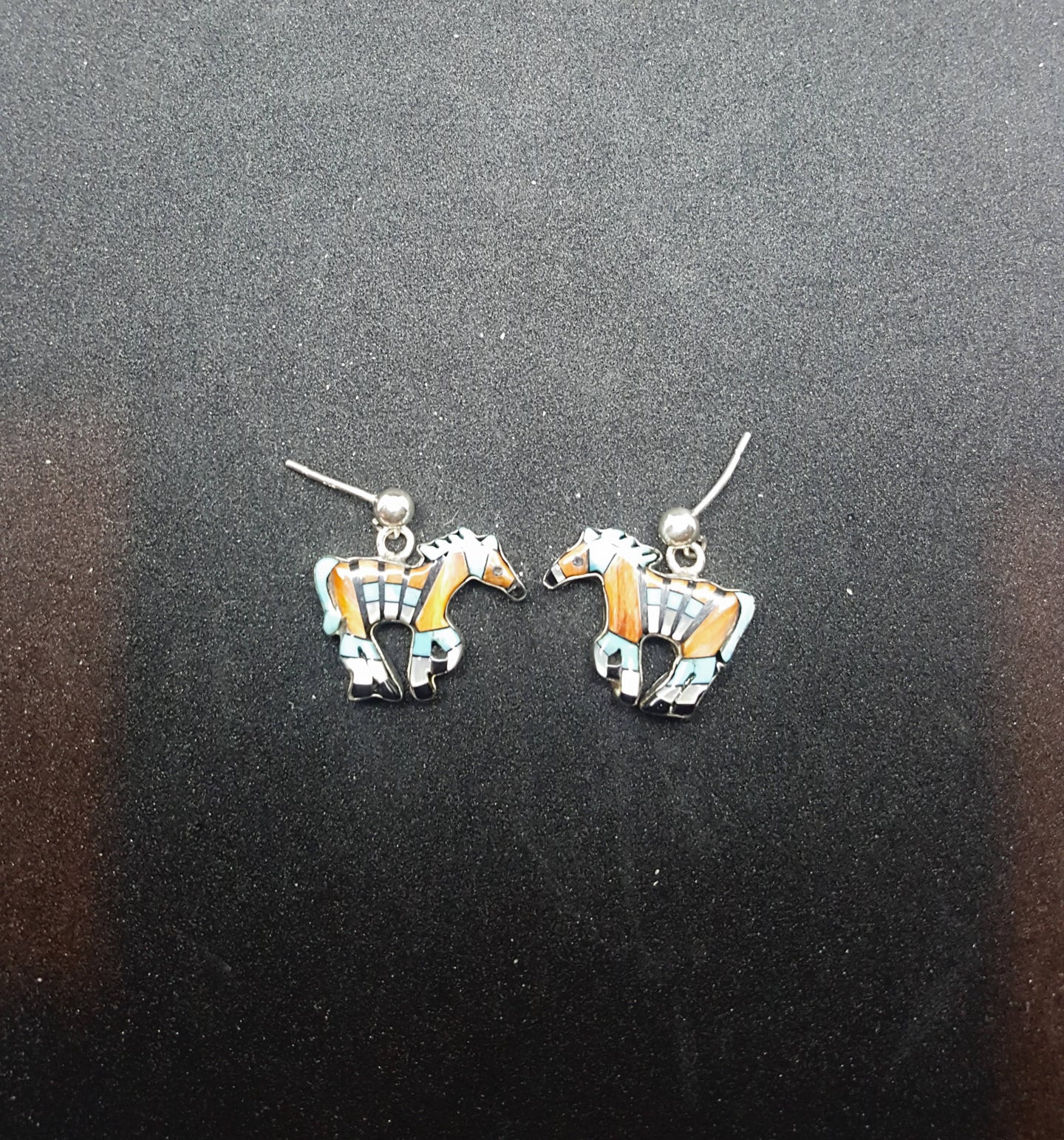 Inlay Spiny oyster turquoise black onyx Horse post earrings - sterling silver