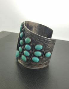 Big 1952 Liberty Half Dollar Cuff bracelet with 30 Kingman turquoise stones