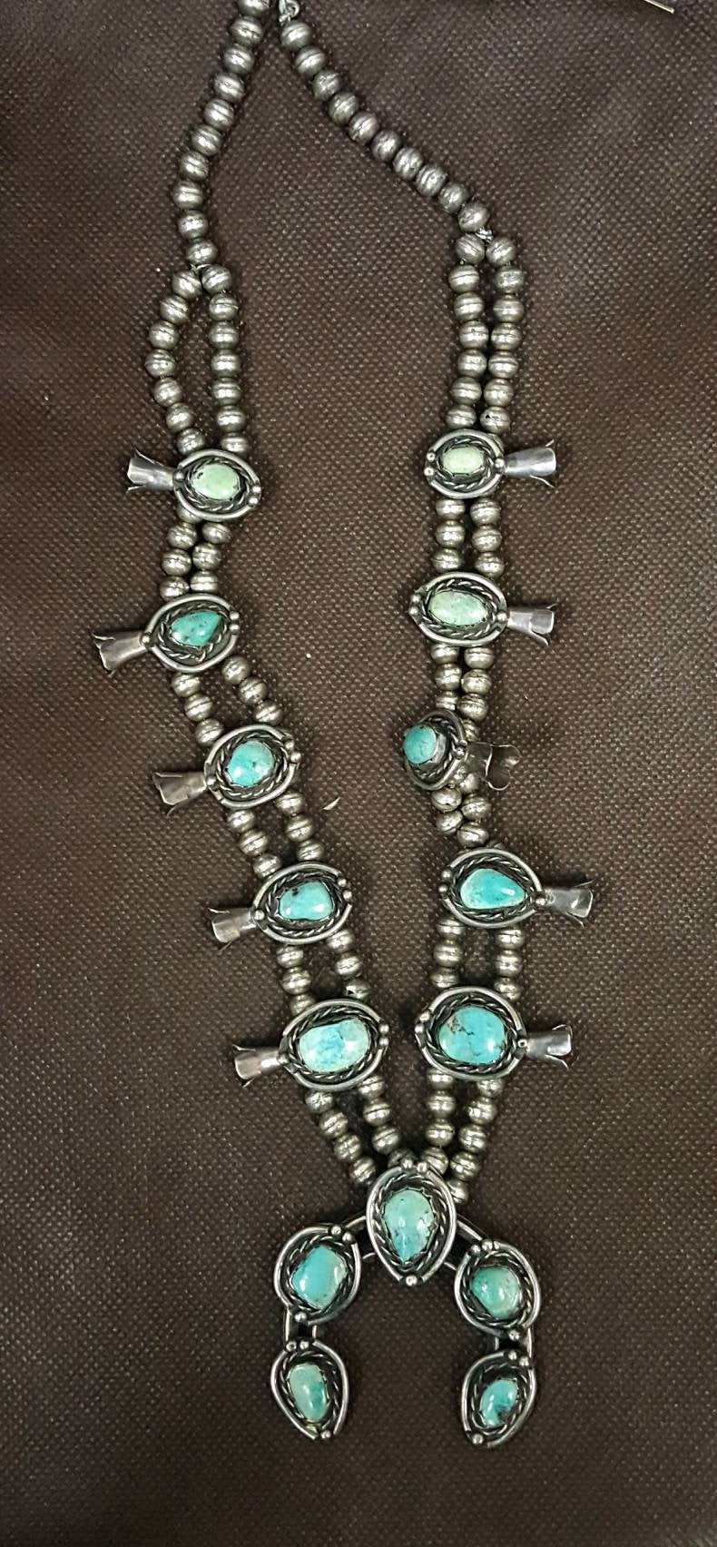 Vintage Navajo turquoise squash blossom necklace - Sterling silver**WHOLESALE PRICE