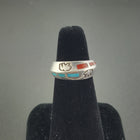 Vintage Navajo Bear inlay turquoise red coral sterling silver mens ring - size 6