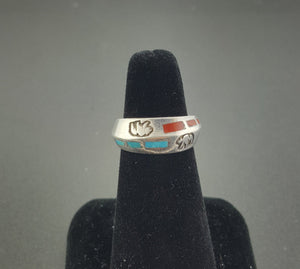 Vintage Navajo Bear inlay turquoise red coral sterling silver mens ring - size 6