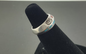 Vintage Navajo Bear inlay turquoise red coral sterling silver mens ring - size 6