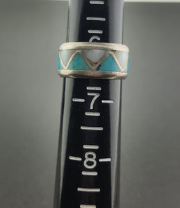 Vintage Navajo zigzag Inlay turquoise mother of pearl sterling silver ring - size 5 1/2