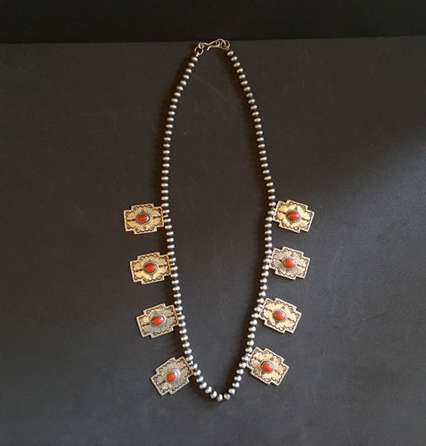 20 inches Navajo pearl sterling silver necklace 8 Navajo red coral sterling silver pendants
