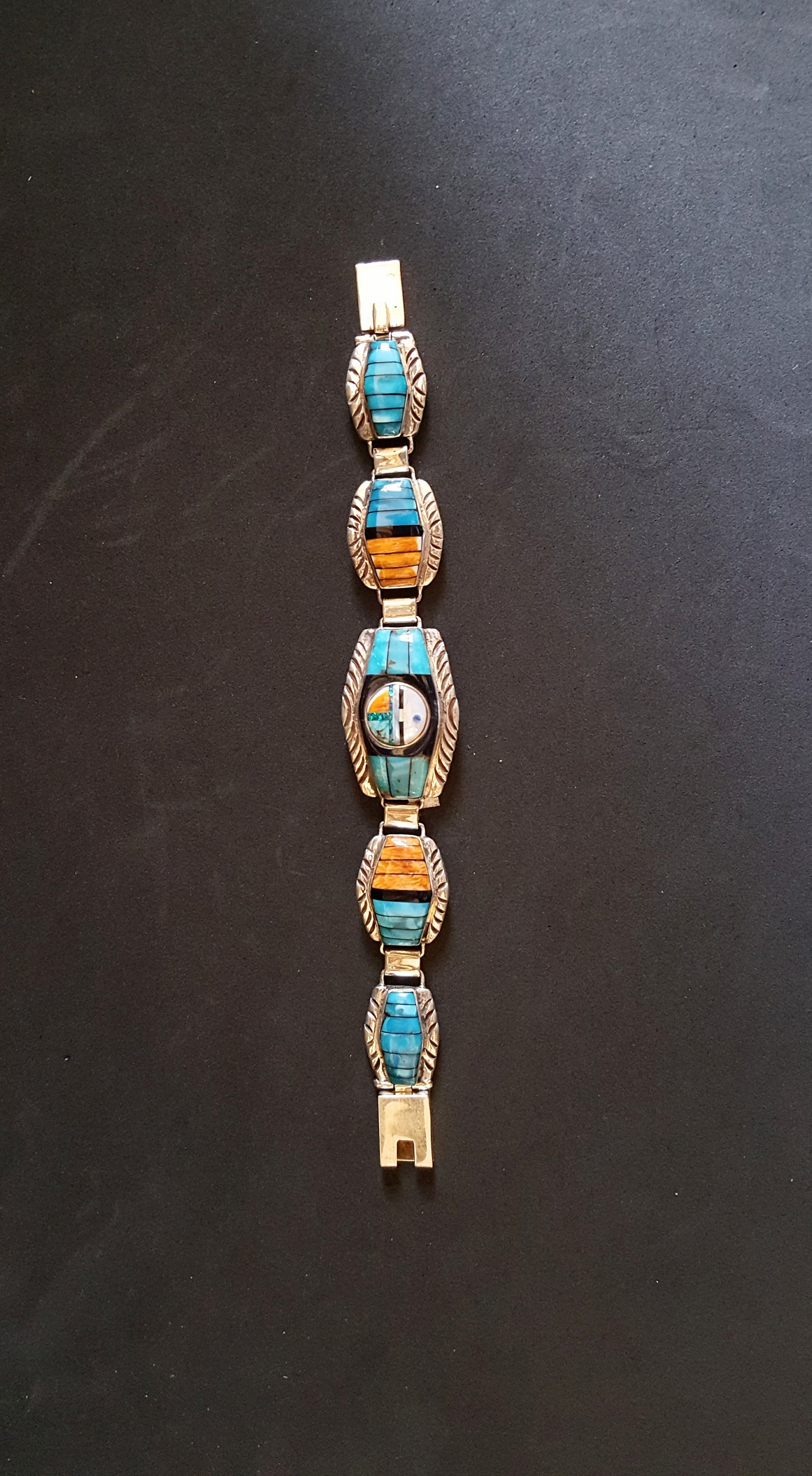 Navajo Inlay turquoise spiny oyster Australian opal sterling silver link bracelet - vintage
