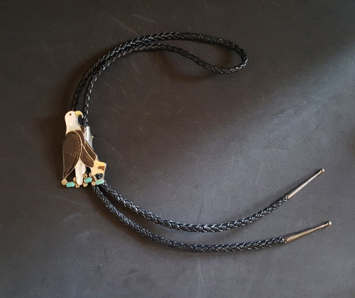 American Bald Eagle Zuni black onyx mother of pearl turquoise sterling silver Bolo tie - vintage- SIGNED