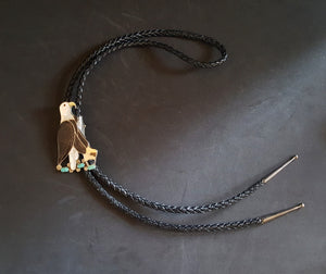 American Bald Eagle Zuni black onyx mother of pearl turquoise sterling silver Bolo tie - vintage- SIGNED
