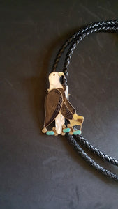 American Bald Eagle Zuni black onyx mother of pearl turquoise sterling silver Bolo tie - vintage- SIGNED