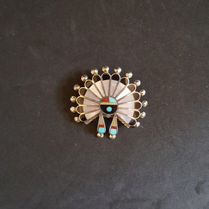 Zuni Inlay Mother of pearl black onyx turquoise red coral sterling silver pendant and lapel pin - vintage