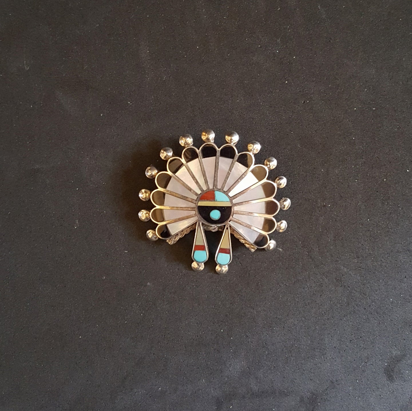 Zuni Inlay Mother of pearl black onyx turquoise red coral sterling silver pendant and lapel pin - vintage