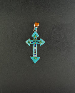 Southwest Arrow Cross Micro Inlay turquoise multi stones sterling silver pendant