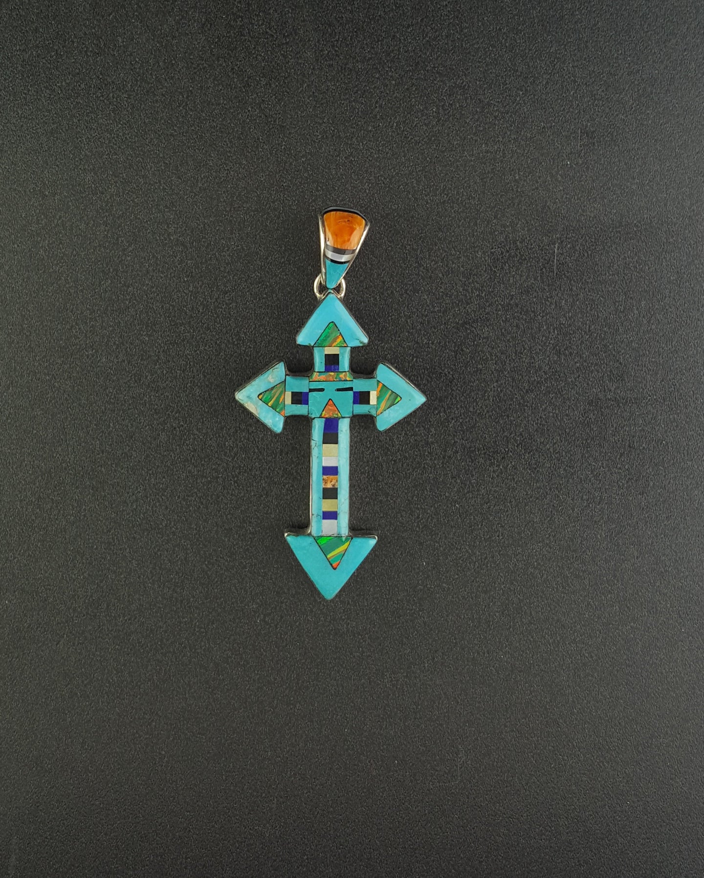 Southwest Arrow Cross Micro Inlay turquoise multi stones sterling silver pendant