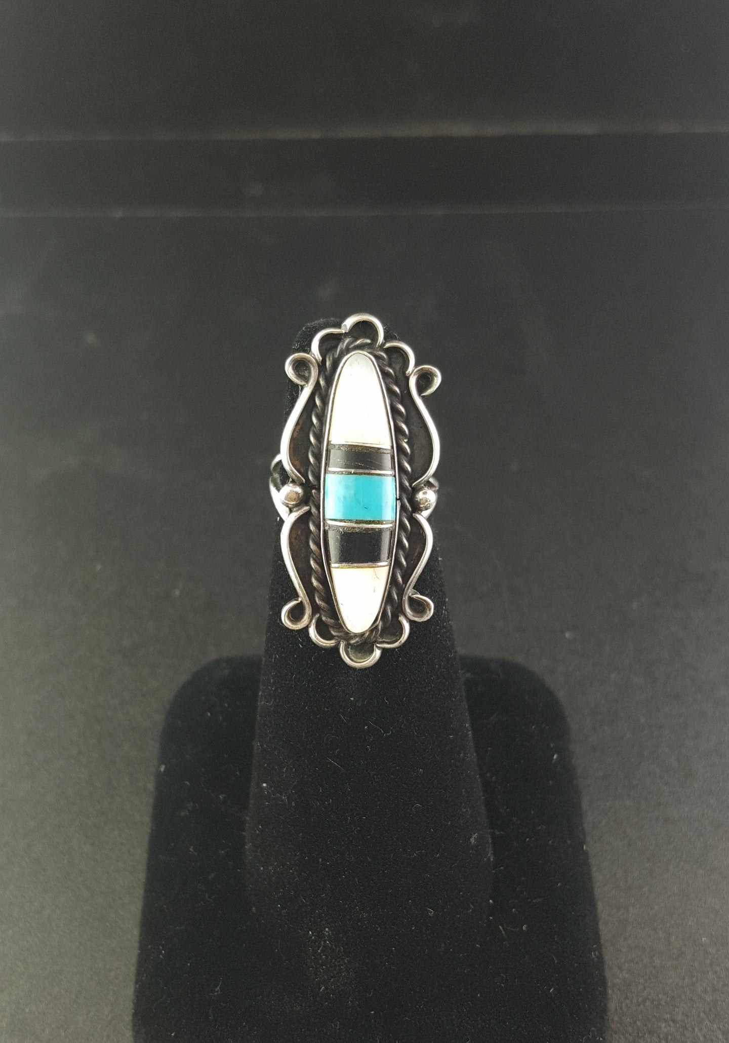 Navajo Mother of Pearl Turquoise Black Onyx sterling silver ring - size 5 - vintage