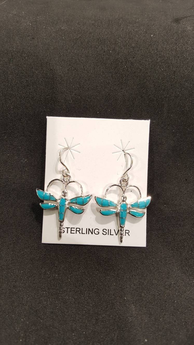 Inlay sleeping beauty turquoise dragonfly dangle earrings
