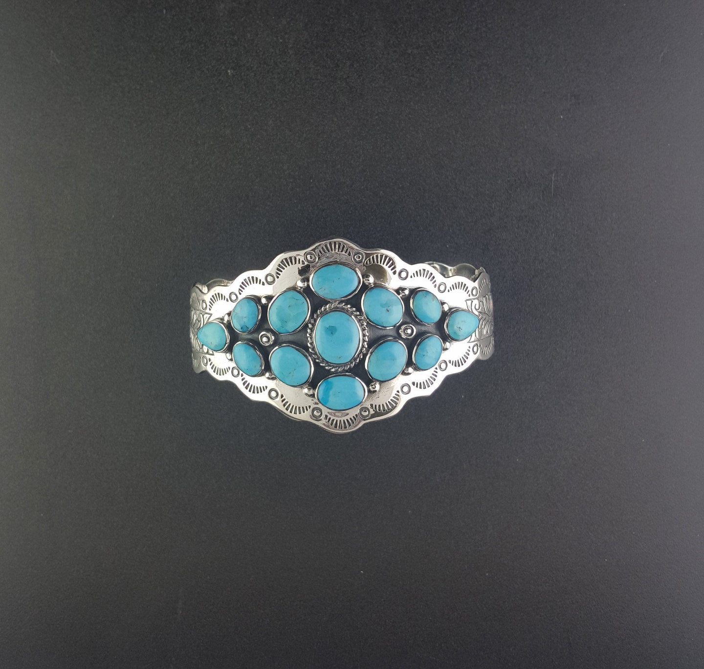 Navajo Cluster Blue Kingman Turquoise multi-stones sterling silver cuff bracelet