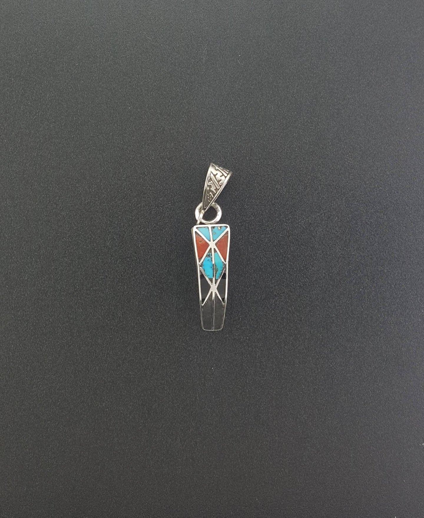 Navajo inlay turquoise black onyx red coral Sterling silver pendant