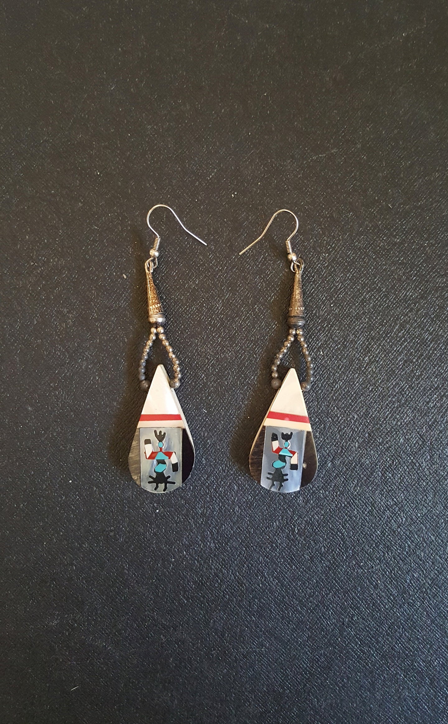 Zuni Kachina Inlay Shell sterling silver teardrop dangle earrings - VINTAGE