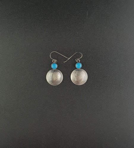 1951 Roosevelt One Dime Sleeping beauty turquoise sterling silver dangle earrings