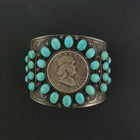 Big 1952 Liberty Half Dollar Cuff bracelet with 30 Kingman turquoise stones