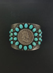 Big 1952 Liberty Half Dollar Cuff bracelet with 30 Kingman turquoise stones