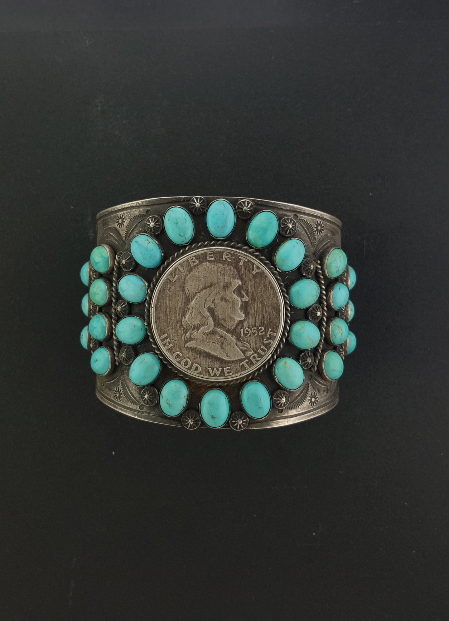 Big 1952 Liberty Half Dollar Cuff bracelet with 30 Kingman turquoise stones