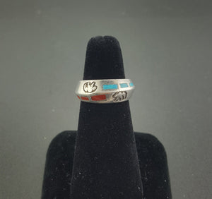 Vintage Navajo Bear inlay turquoise red coral sterling silver mens ring - size 6