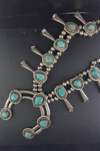 Vintage Navajo Kingman turquoise squash blossom Sterling silver necklace