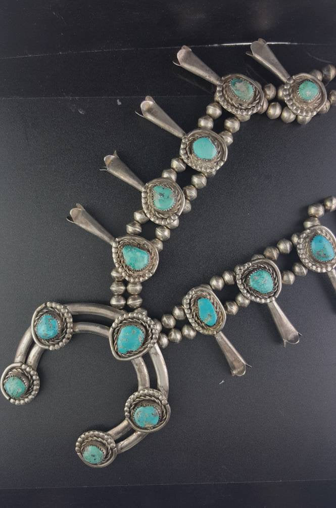 Vintage Navajo Kingman turquoise squash blossom Sterling silver necklace