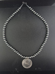 16 inches Navajo pearl sterling silver necklace 1964 Kennedy Half Dollar pendant