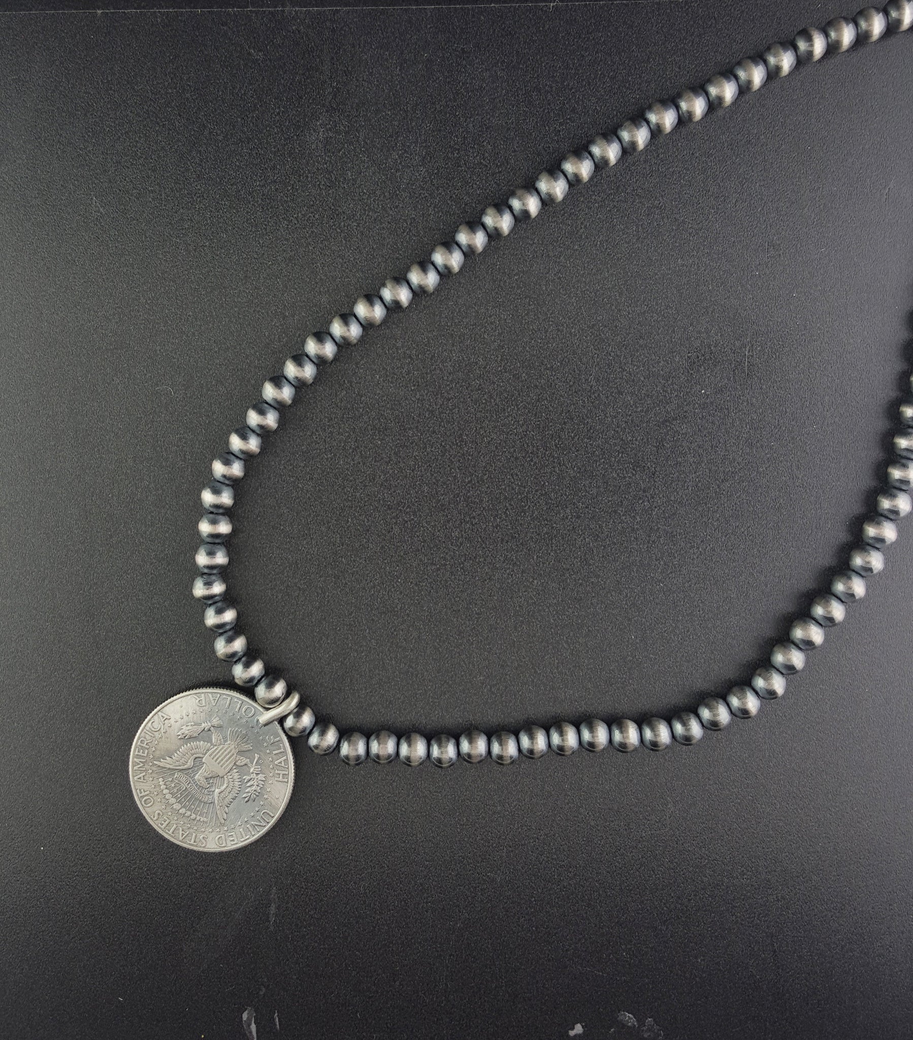 Sold at Auction: OLD PAWN NATIVE AMERICAN SILVER WALKING LIBERTY HALF DOLLAR  & MERCURY DIME SQUASH BLOSSOM NECKLACE