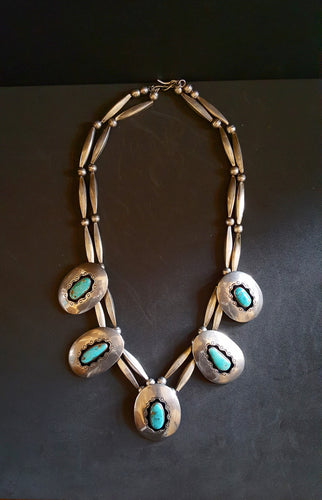 18 inches 2 stranded Navajo sterling silver necklace sterling silver Navajo Shadow Box Kingman turquoise pendant - vintage