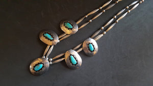 18 inches 2 stranded Navajo sterling silver necklace sterling silver Navajo Shadow Box Kingman turquoise pendant - vintage
