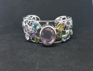 Natural Amethyst Citrine Blue Topaz Peridot sterling silver cuff bracelet