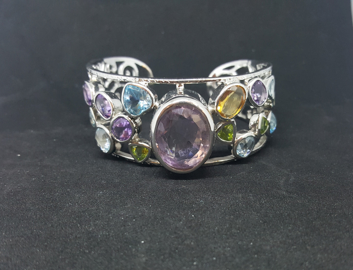 Natural Amethyst Citrine Blue Topaz Peridot sterling silver cuff bracelet