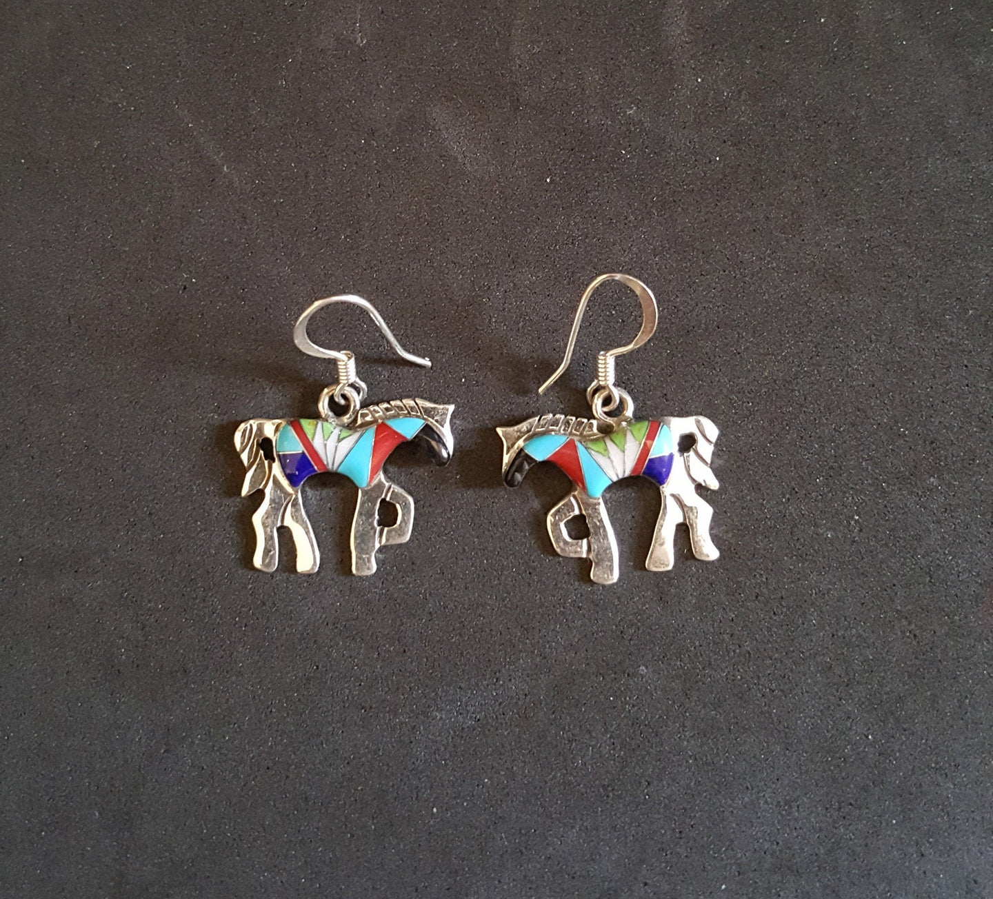 Navajo Horse Inlay Turquoise Red Coral Black Onyx Lapis sterling silver dangle earrings - vintage
