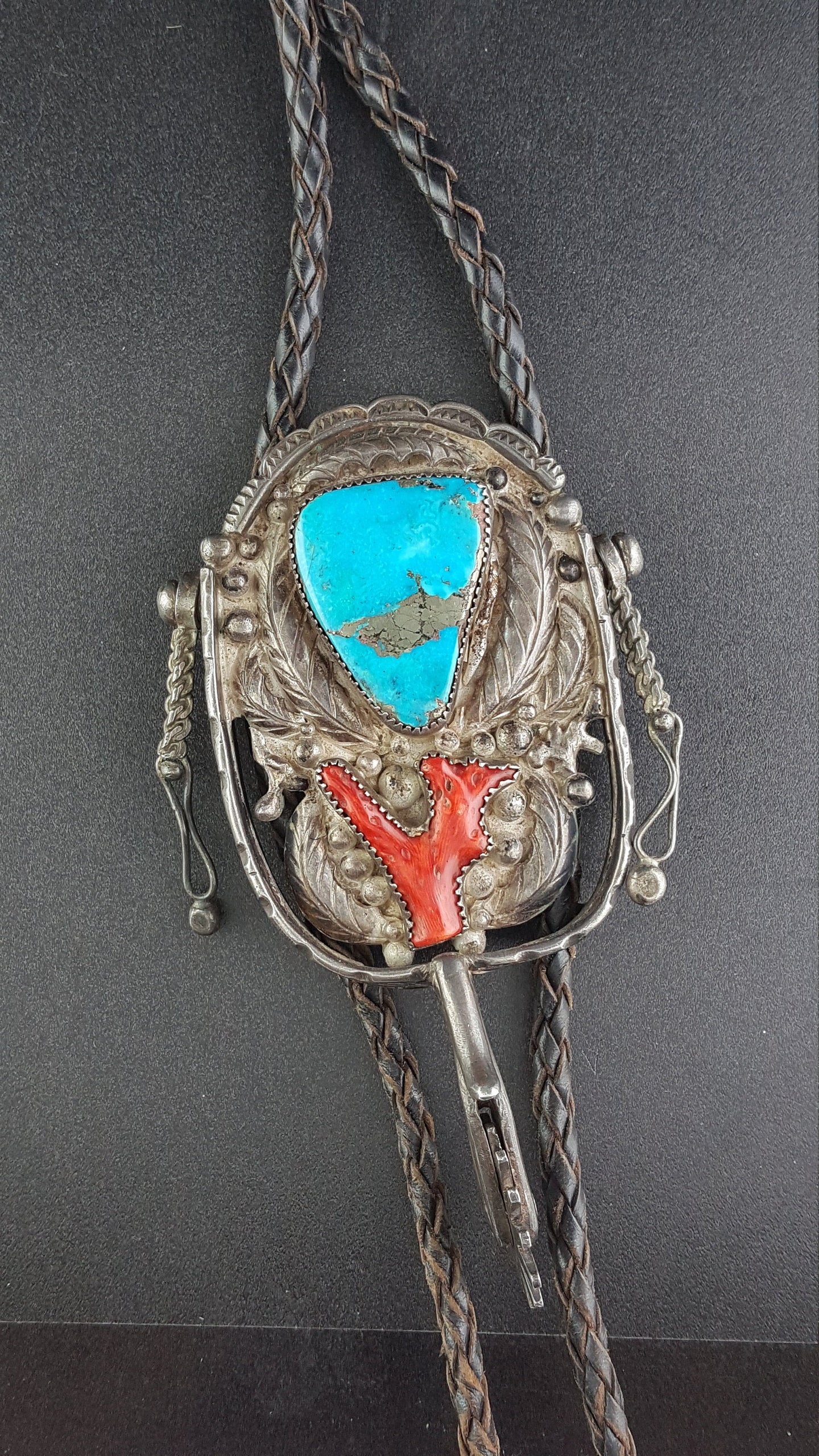 Vintage Spurs Turquoise Coral Pendant 1960's Bolo Tie - sterling silver