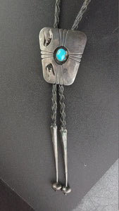 Navajo Turquoise Shadow Box Bolo Tie Sterling Silver - Vintage