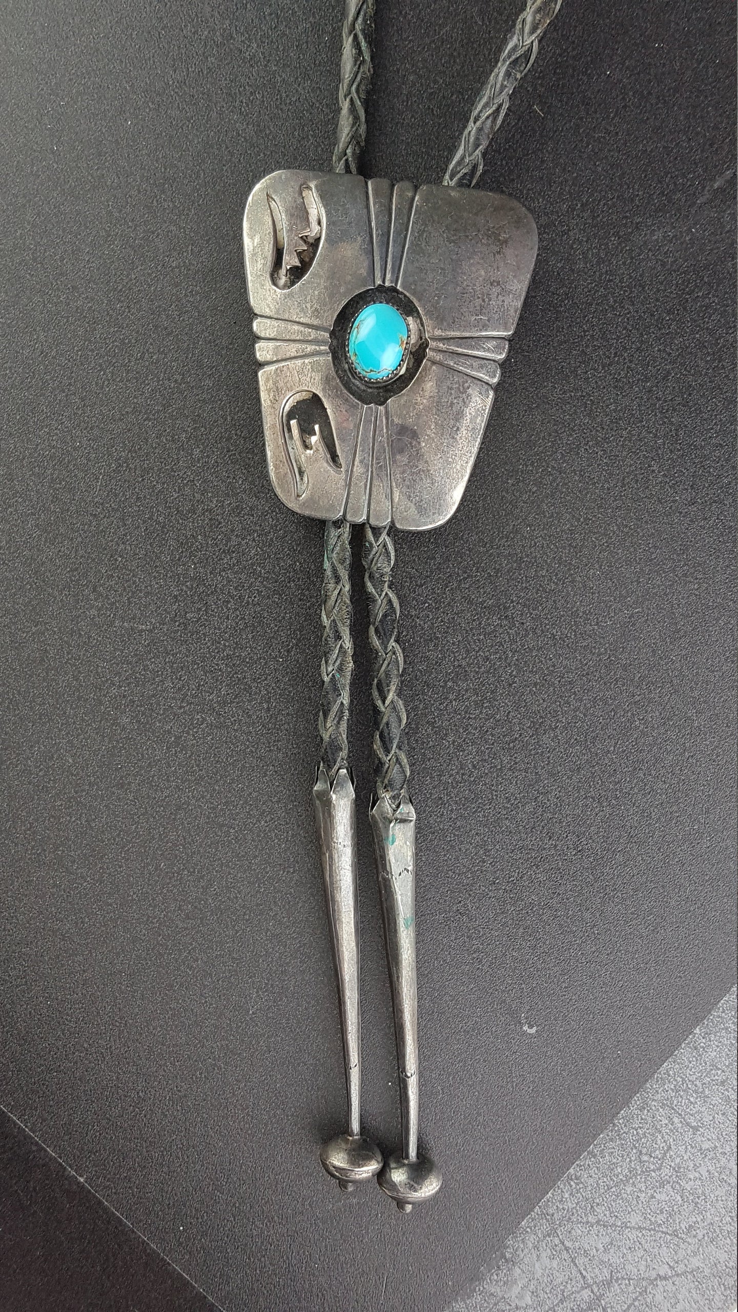 Navajo Turquoise Shadow Box Bolo Tie Sterling Silver - Vintage