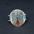 Micro chip Inlay Turquoise Red Coral Peyote Bird sterling silver cuff bracelet - VINTAGE