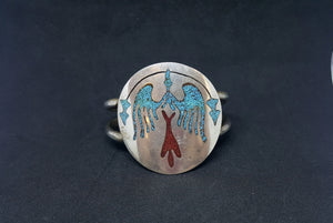 Micro chip Inlay Turquoise Red Coral Peyote Bird sterling silver cuff bracelet - VINTAGE