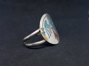 Micro chip Inlay Turquoise Red Coral Peyote Bird sterling silver cuff bracelet - VINTAGE