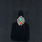 size 7.5 VINTAGE Navajo Flower Turquoise Red Coral sterling silver ring