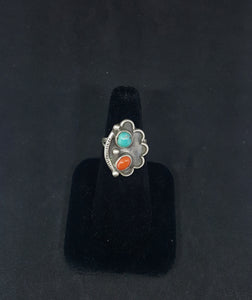 size 7.5 VINTAGE Navajo Flower Turquoise Red Coral sterling silver ring