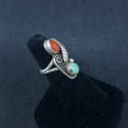 size 6.5 VINTAGE Navajo Leaf Feather Turquoise Red Coral sterling silver ring