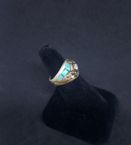 size 8 3/4 Navajo Feather Turquoise with CZ sterling silver ring - VINTAGE - men's ring