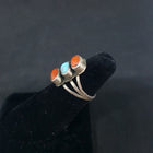 size 5 Vintage Navajo 3 stones Kingman turquoise red coral sterling silver ring